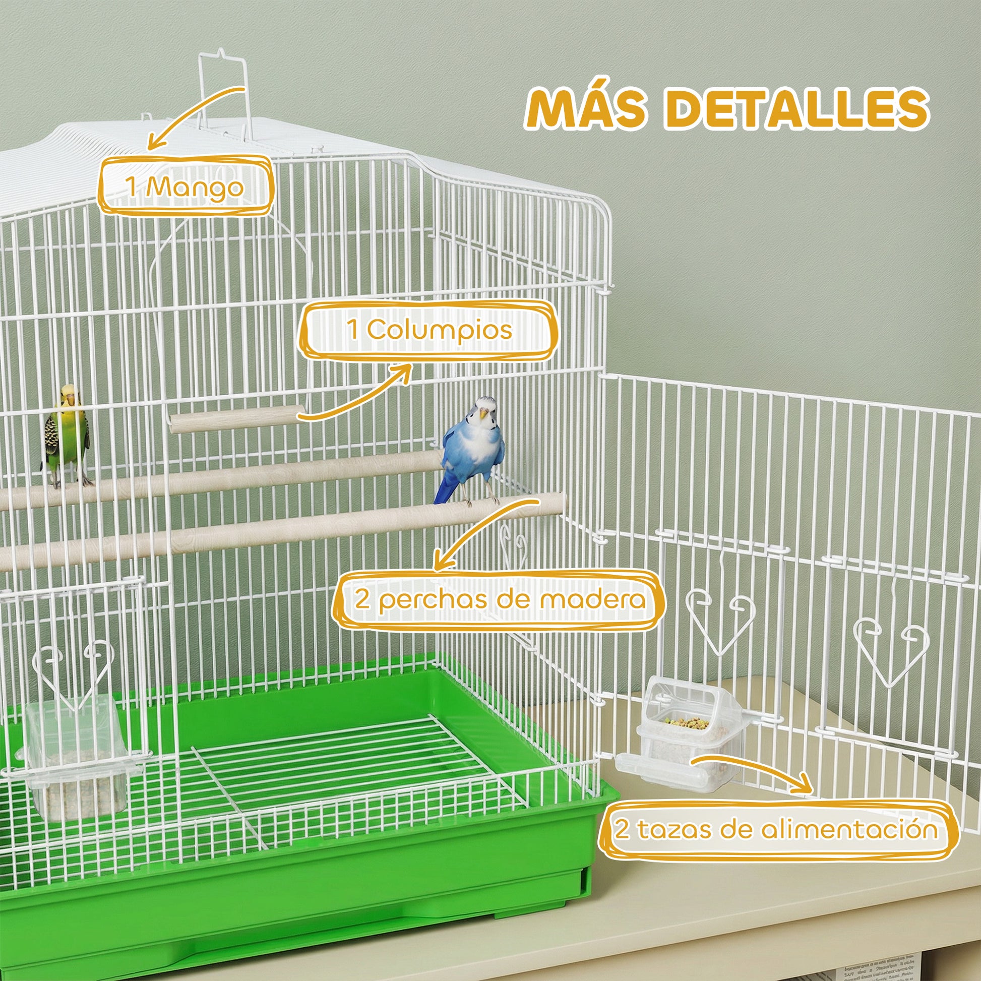 Pawhut Jaula Para Pájaros Con Puertas Comederos Y Bandeja 46,5x36x59 Cm Verde_5