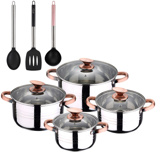 Bateria De Cocina 8 Piezas Apta Para Induccion San Ignacio Altea En Acero Inoxidable Con Set De 3 Utensilios De Cocina En Nylon_0
