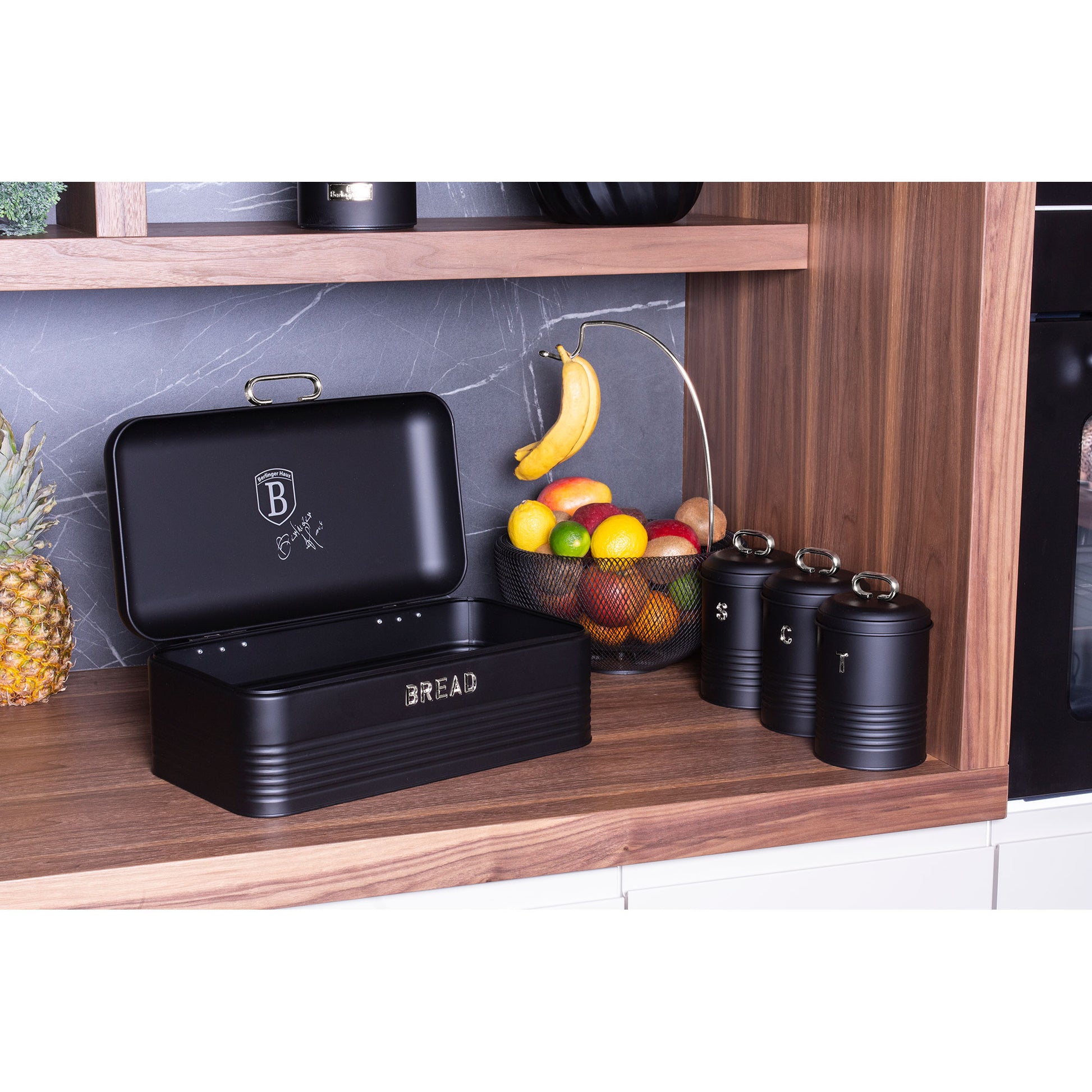 Panera De Mesa +juego 3 Botes Cocina Almacenaje Acero Inoxidable Contenedor De Pan  Con Tapa Berlinger Haus Black Silver, Acero Inoxidable / Negro_3