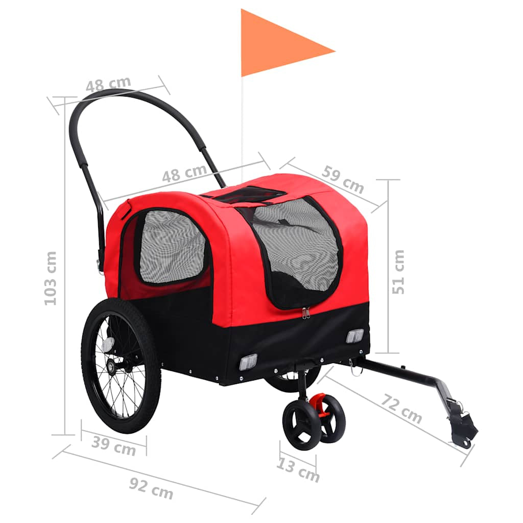 Vidaxl Remolque De Bicicleta Para Mascotas Cochecito 2 En 1 Rojo Negro_2
