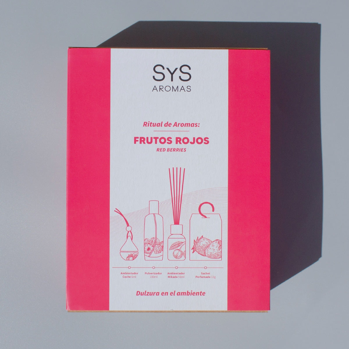 Pack Aroma Frutos Rojos SYS Aromas | Ambientador de Coche 6 ml, Pulverizador 100 ml, Mikado 50 ml y Sachet 12 g_1