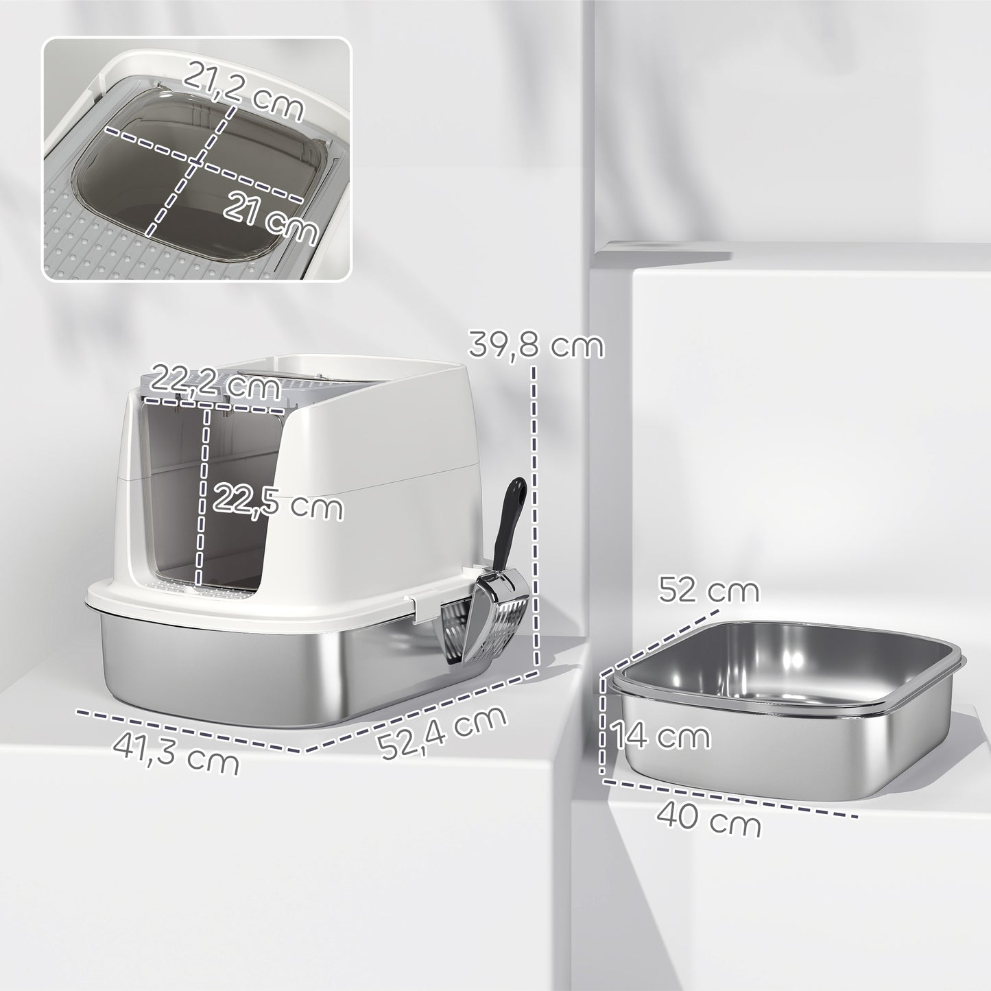 Pawhut Arenero Para Gatos De Acero Inoxidable L Con Tapa Abatible Blanco_2