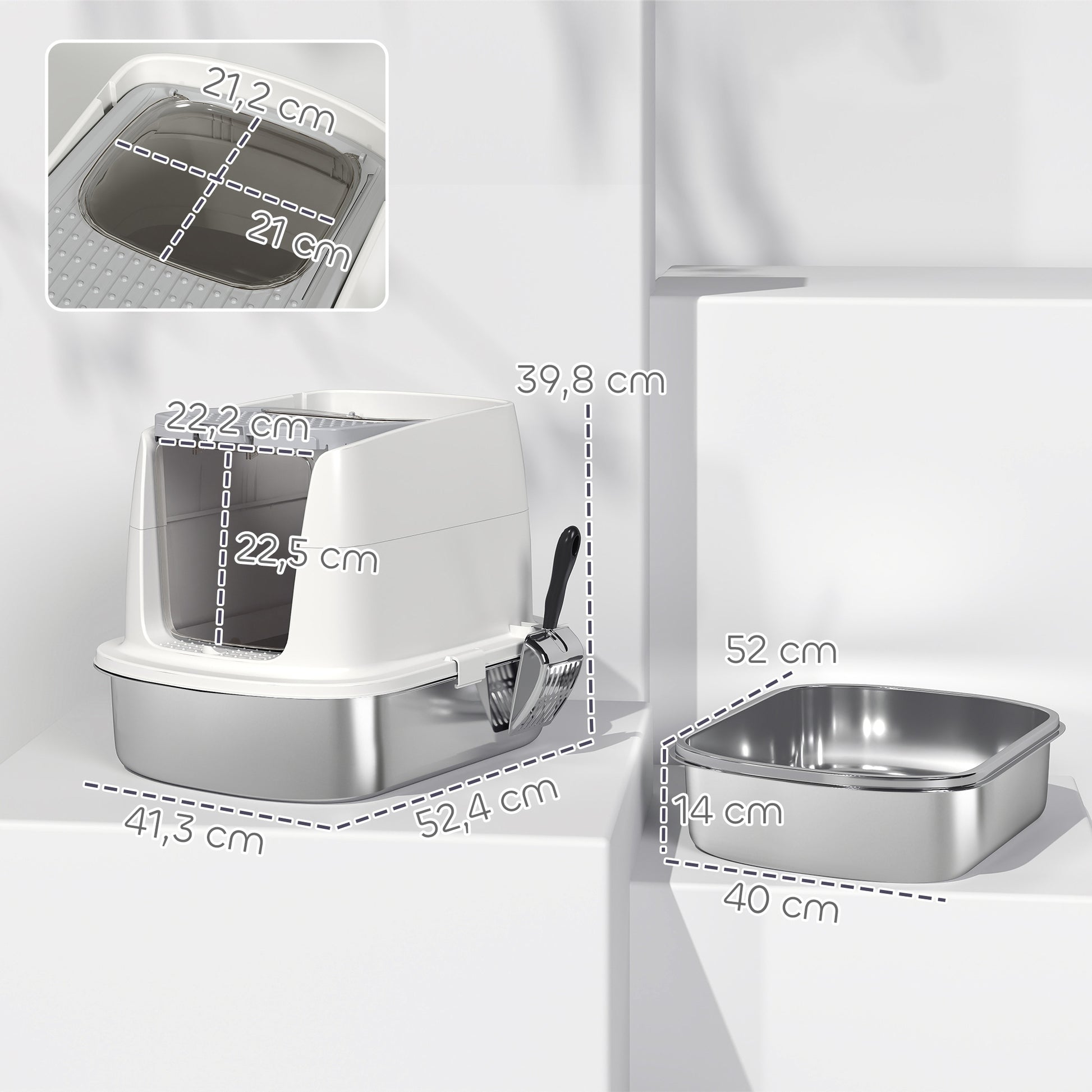 Pawhut Arenero Para Gatos De Acero Inoxidable L Con Tapa Abatible Blanco_2