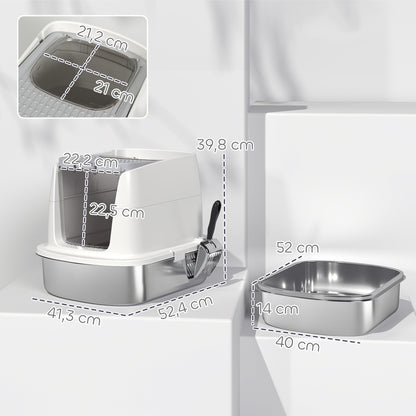 Pawhut Arenero Para Gatos De Acero Inoxidable L Con Tapa Abatible Blanco_2
