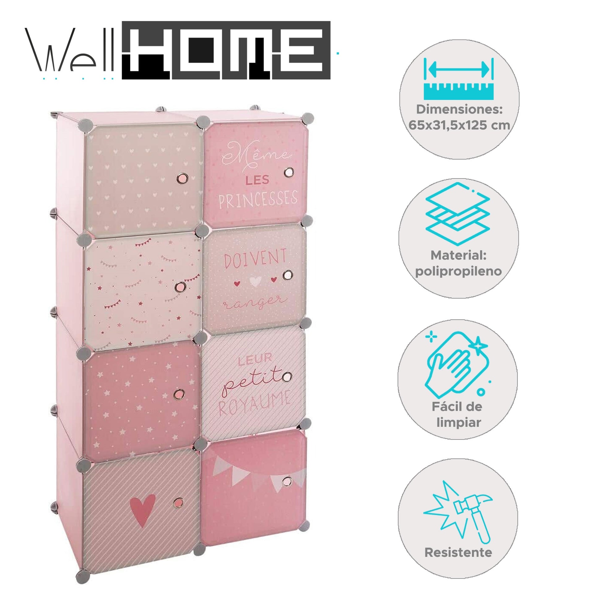 Well Home - Armario Taquillas Rosa Perfecto Para Organizar La Habitación De Tus Niños 65 X 31,5 X 125 Cm