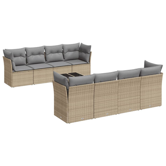 Set De Sofás De Jardín 9 Pzas Con Cojines Ratán Sintético Beige / Vetonek_0