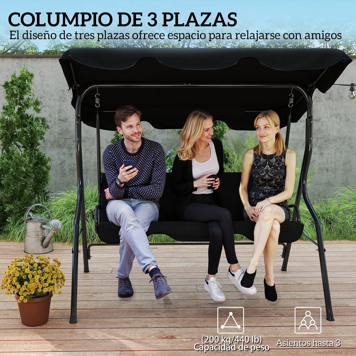 Outsunny Columpio De Jardín Con Toldo Ajustable En Ángulo 170x110x153 Cm Negro_5
