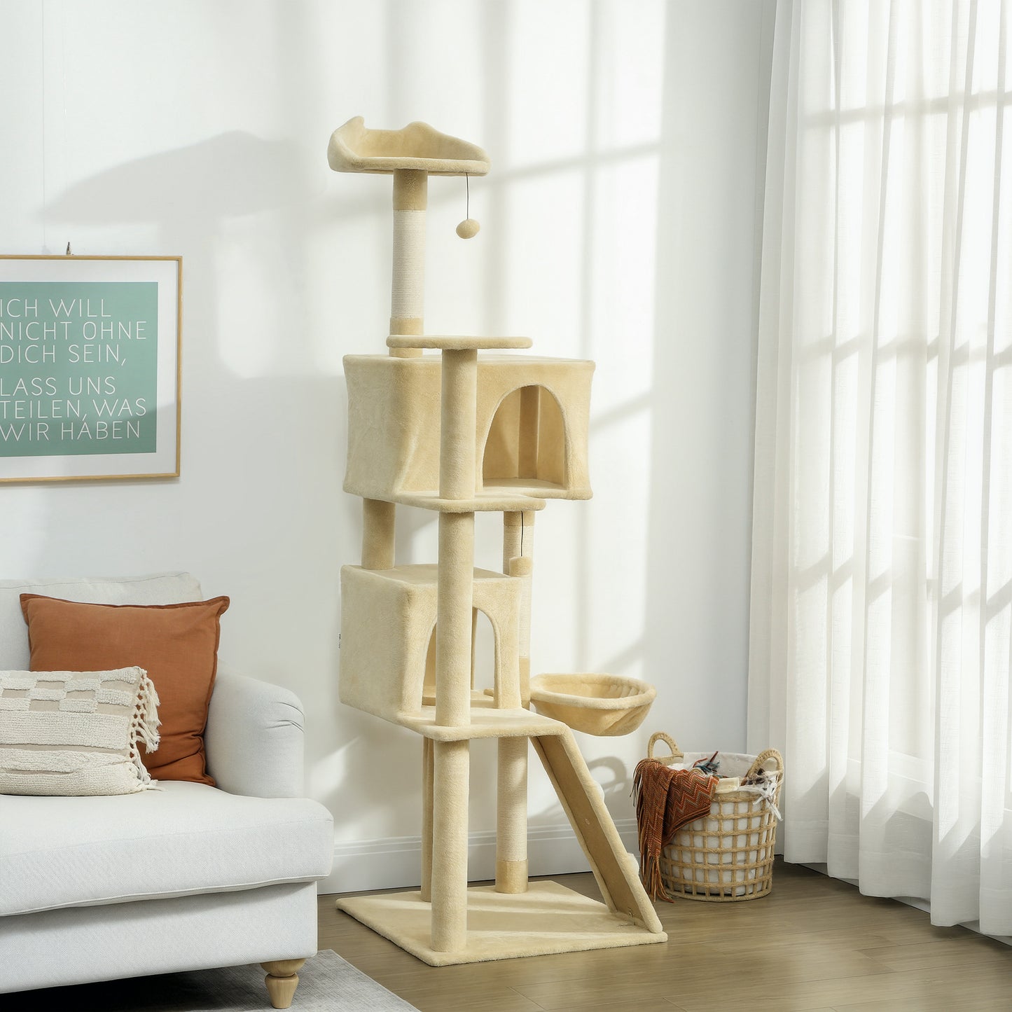 Pawhut Árbol Rascador Para Gatos 180 Cm Con Múltiples Plataformas Beige_1
