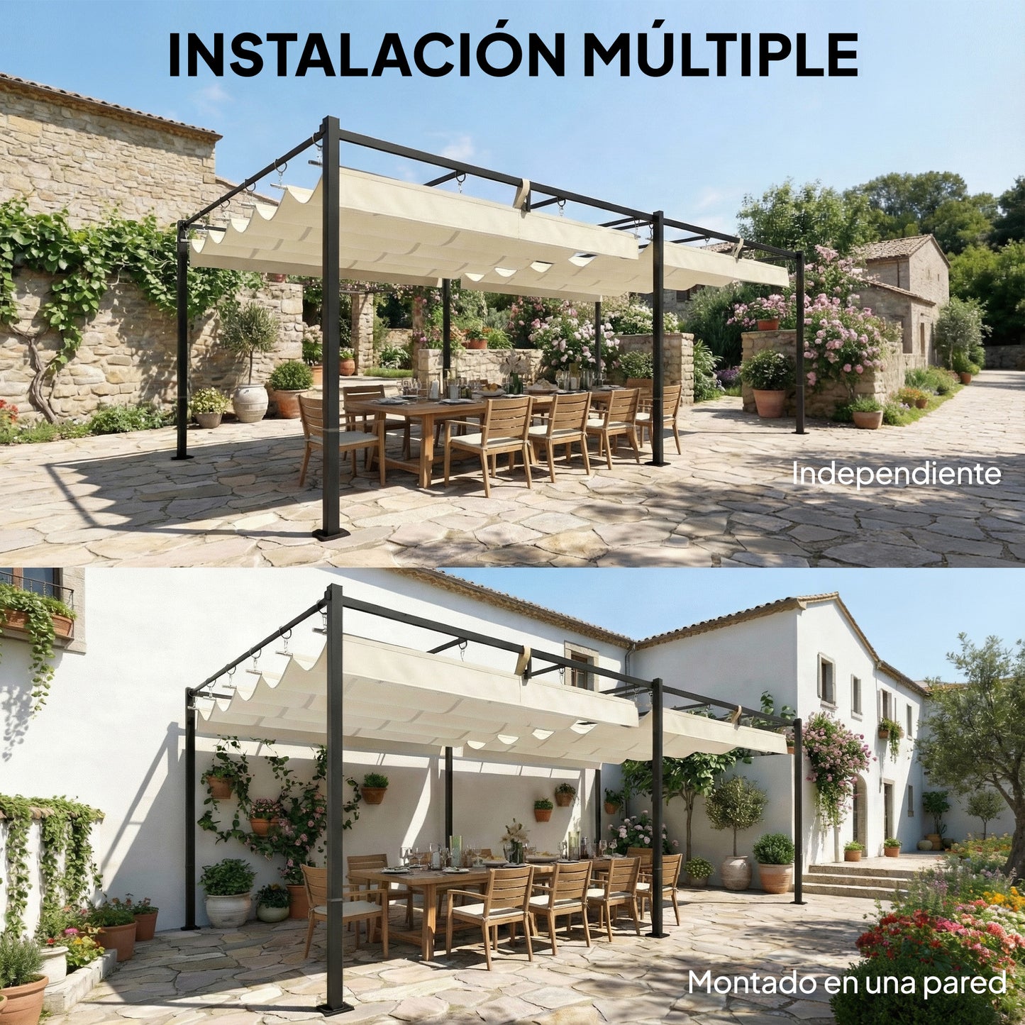 Outsunny Pérgola De Jardín 6x3 M Con Techo Retráctil Upf50+ Drenaje Crema_5