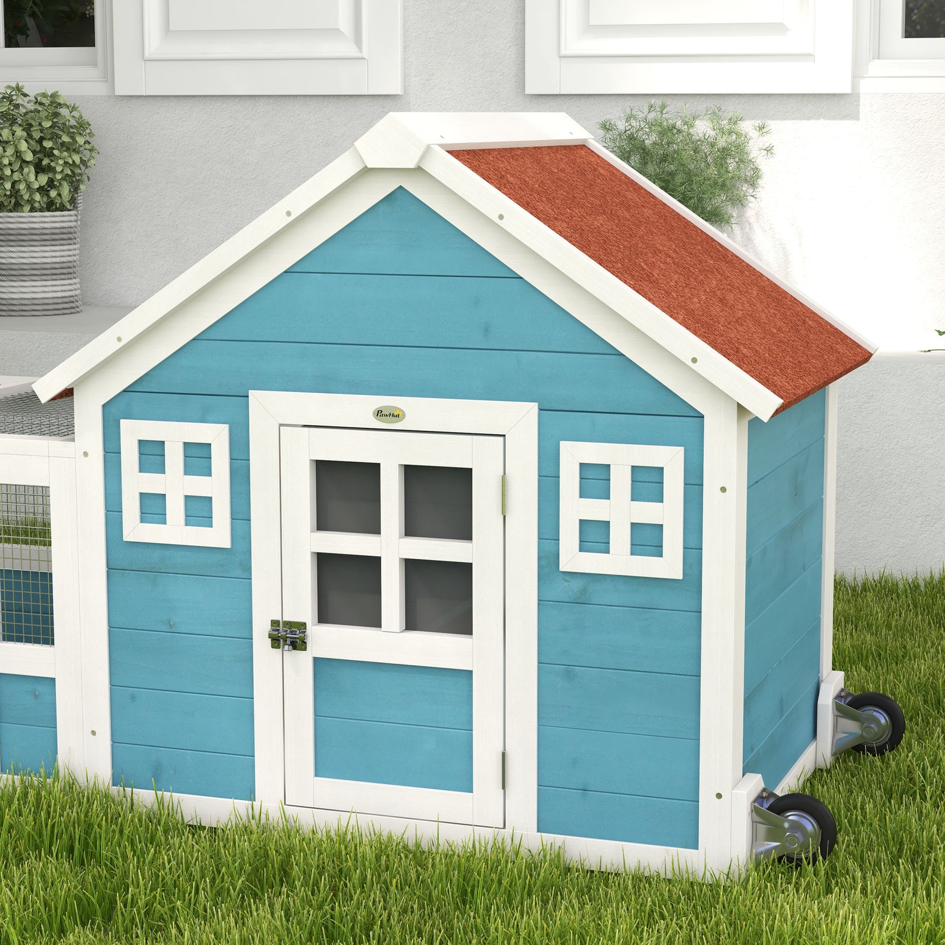 Pawhut Conejera Exterior De Madera Con 2 Ventanas 162,5x59,2x77,6 Cm Azul_3