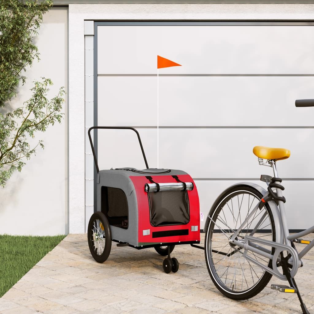 Vidaxl Remolque De Bicicleta Mascotas Hierro Tela Oxford Rojo Gris_1