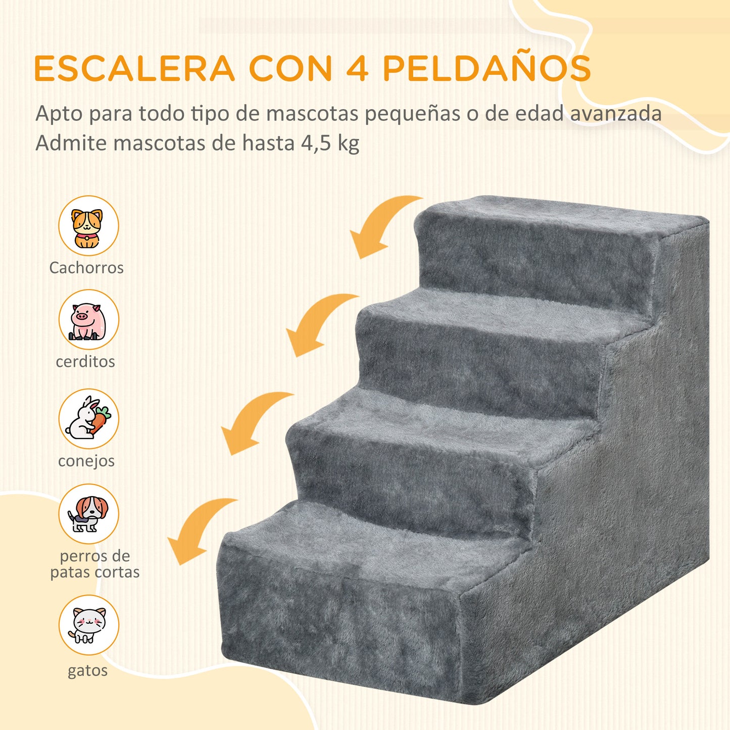 Pawhut Escalera Para Mascotas De 4 Peldaños Con Funda Extraíble 60x35x44 Cm Gris_3