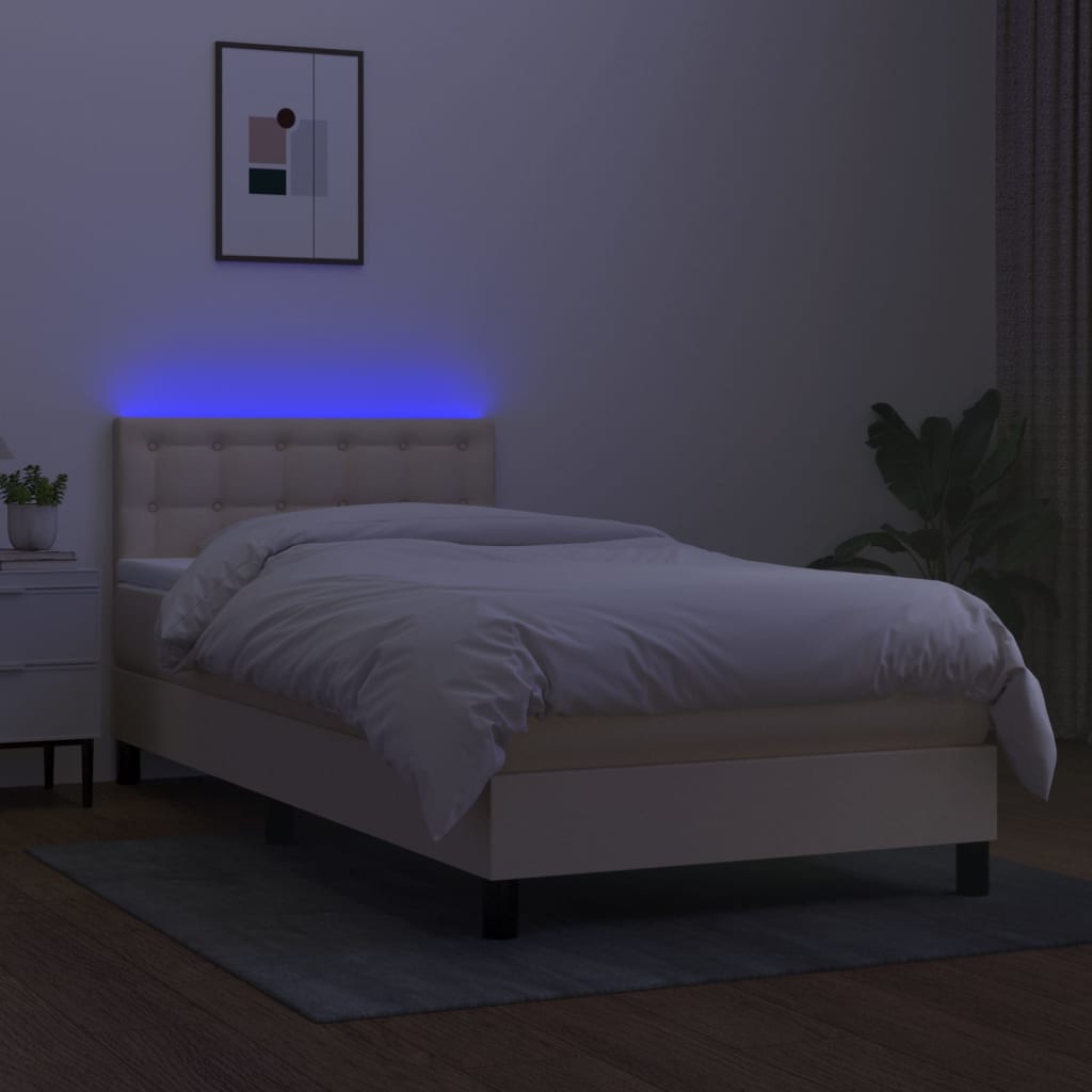 Cama Box Spring Colchón Y Luces Led Tela Crema 100x200 Cm / Vetonek_5