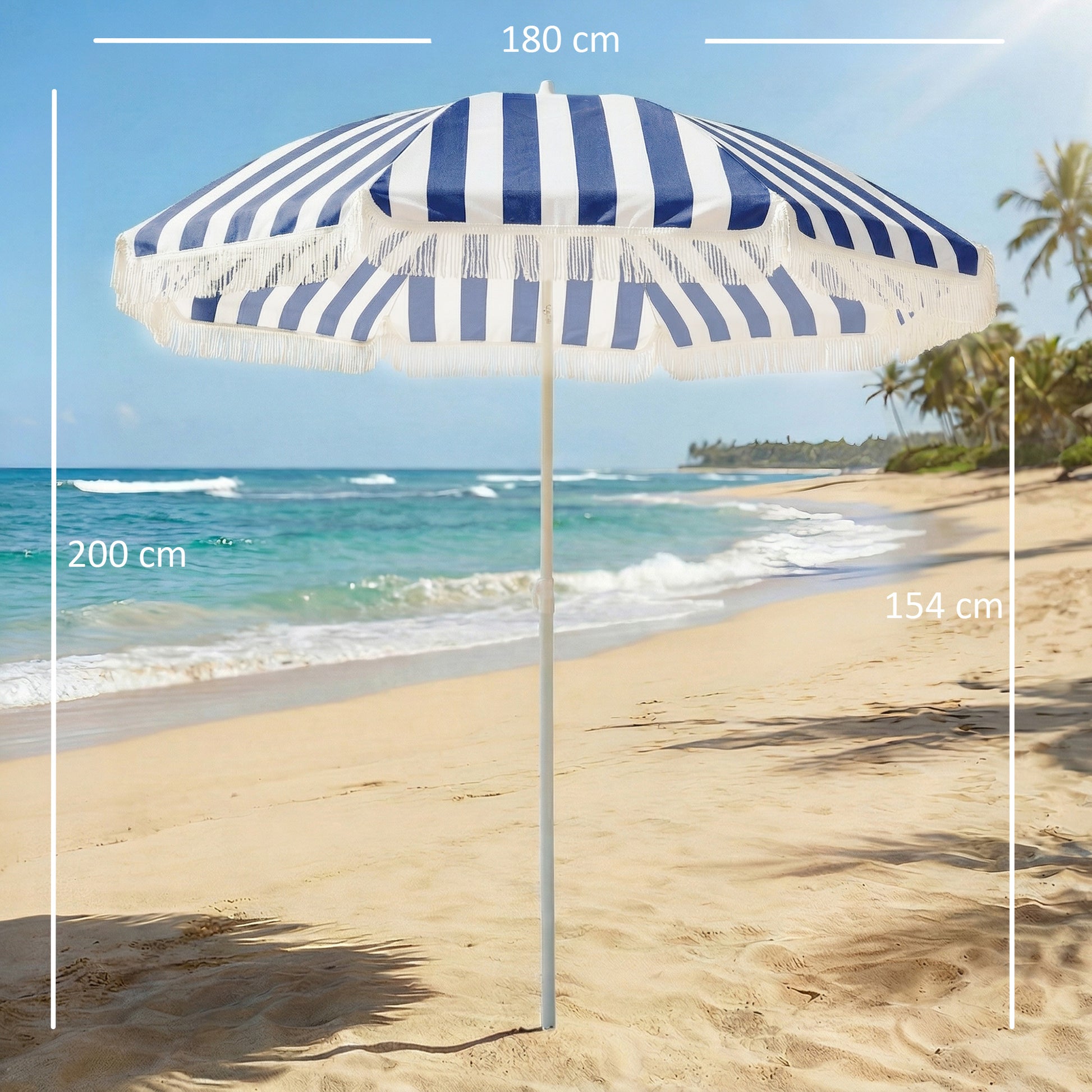 Outsunny Sombrilla De Playa Con Flecos Ø180 Cm Altura Ajustable, Inclinación 30°_2