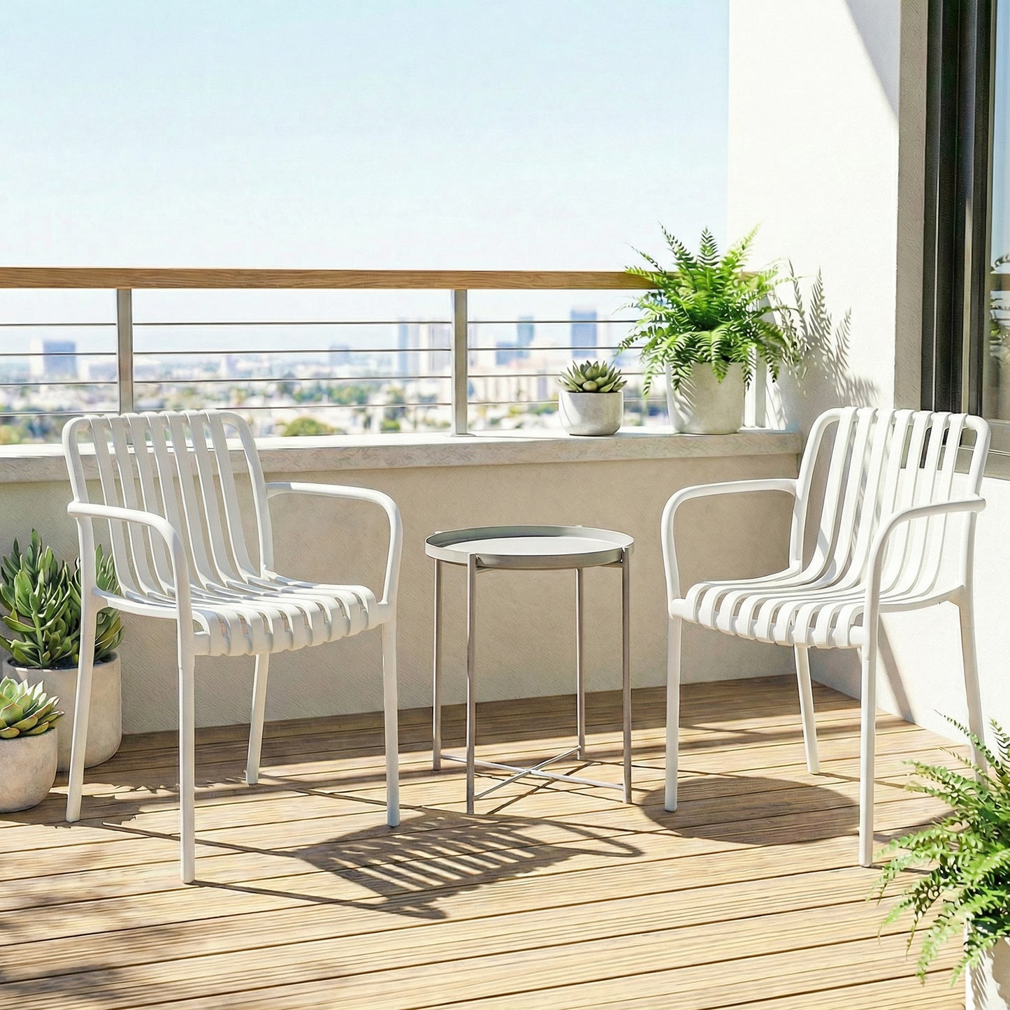 Outsunny Juego De 4 Sillas De Jardín Exterior Apilables Respaldo Curvado Blanco_4