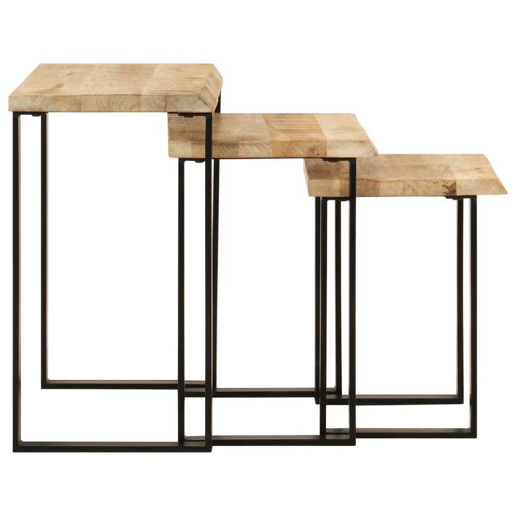 Set De 3 Mesas Apilables Con Borde Natural Madera Maciza Mango_2