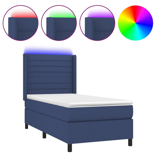 Cama Box Spring Colchón Y Luces Led Tela Azul 100x200 Cm / Vetonek_0