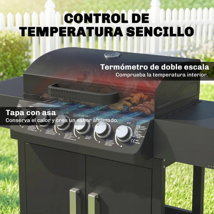 Outsunny Barbacoa De Gas Con 6 Quemadores 15 Kw Termómetro Y Mesas Laterales_5