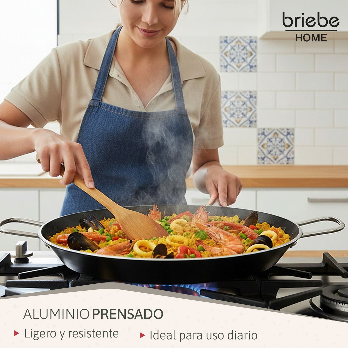 Briebe Paellera Inducción 34cm, 6 Raciones, Aluminio Prensado, Antiadherente Sin Pfoa, 3mm Espesor, Zafrán, Negro_2