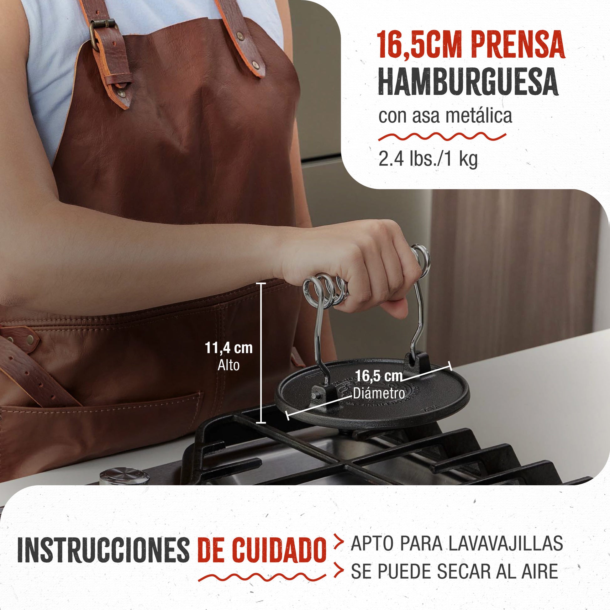 Victoria Prensa Hamburguesas Smash Burger Hierro Fundido Esmaltado 16,5cm Aplastador Carne Para Barbacoa, 36843, Negro_4