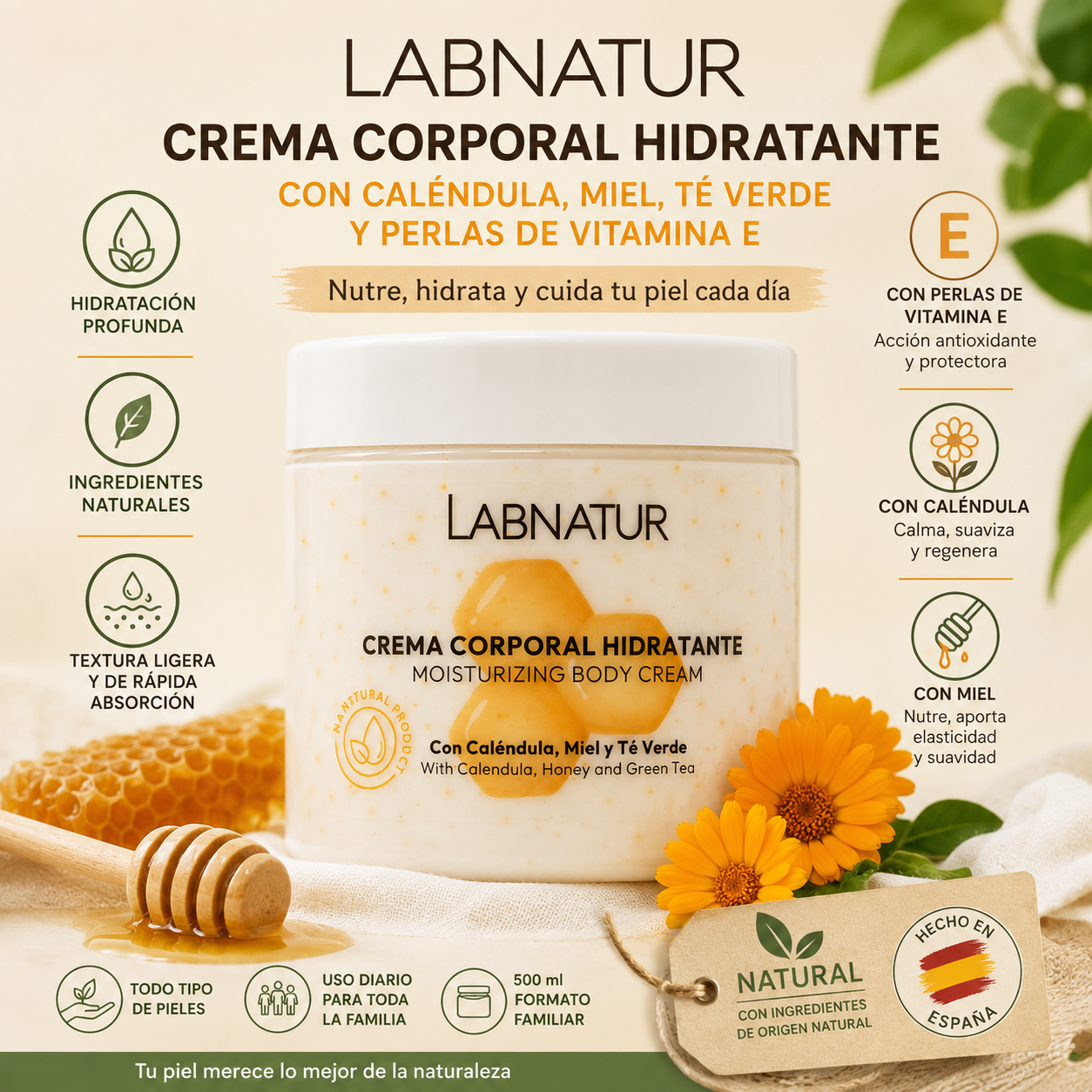 Crema Corporal Hidratación Profunda con Perlas de Vitamina E, Caléndula y Miel - Labnatur - 500 ml_2
