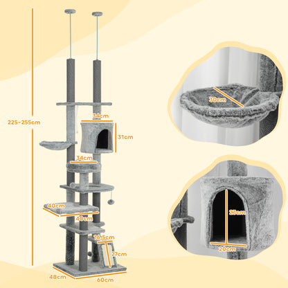 Pawhut Árbol Para Gatos De Suelo A Techo De 225-255 Cm Con Altura Ajustable Gris_2