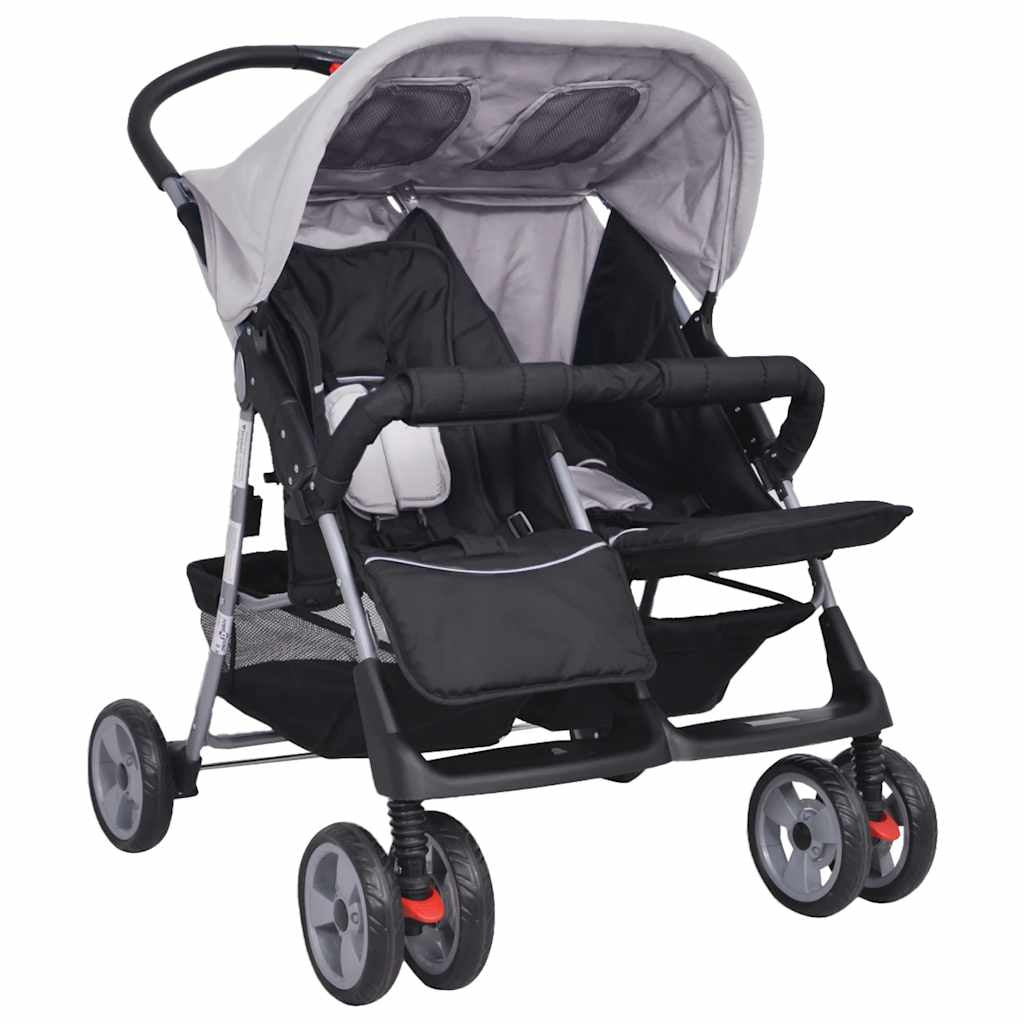 Vidaxl Cochecito Gemelar De Acero Gris Y Negro_4