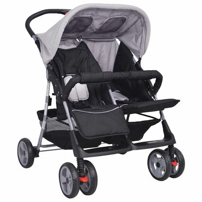 Vidaxl Cochecito Gemelar De Acero Gris Y Negro_4