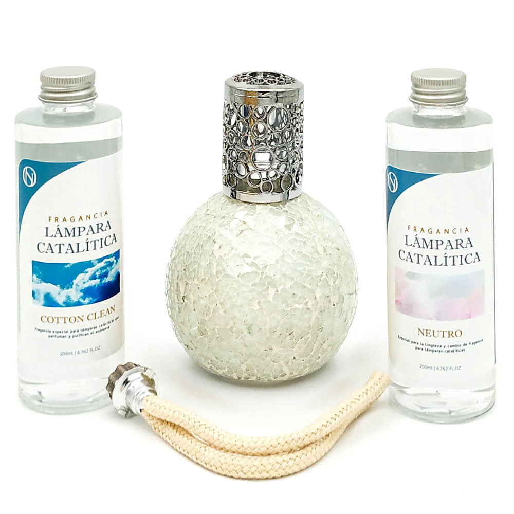 Pack Ahorro Lámpara Catalítica Mosaico Blanco + Fragancia Cotton Clean 200ml + Limpiador Neutro 200ml + Mecha Repuesto_0