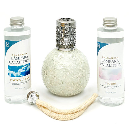 Pack Ahorro Lámpara Catalítica Mosaico Blanco + Fragancia Cotton Clean 200ml + Limpiador Neutro 200ml + Mecha Repuesto_0