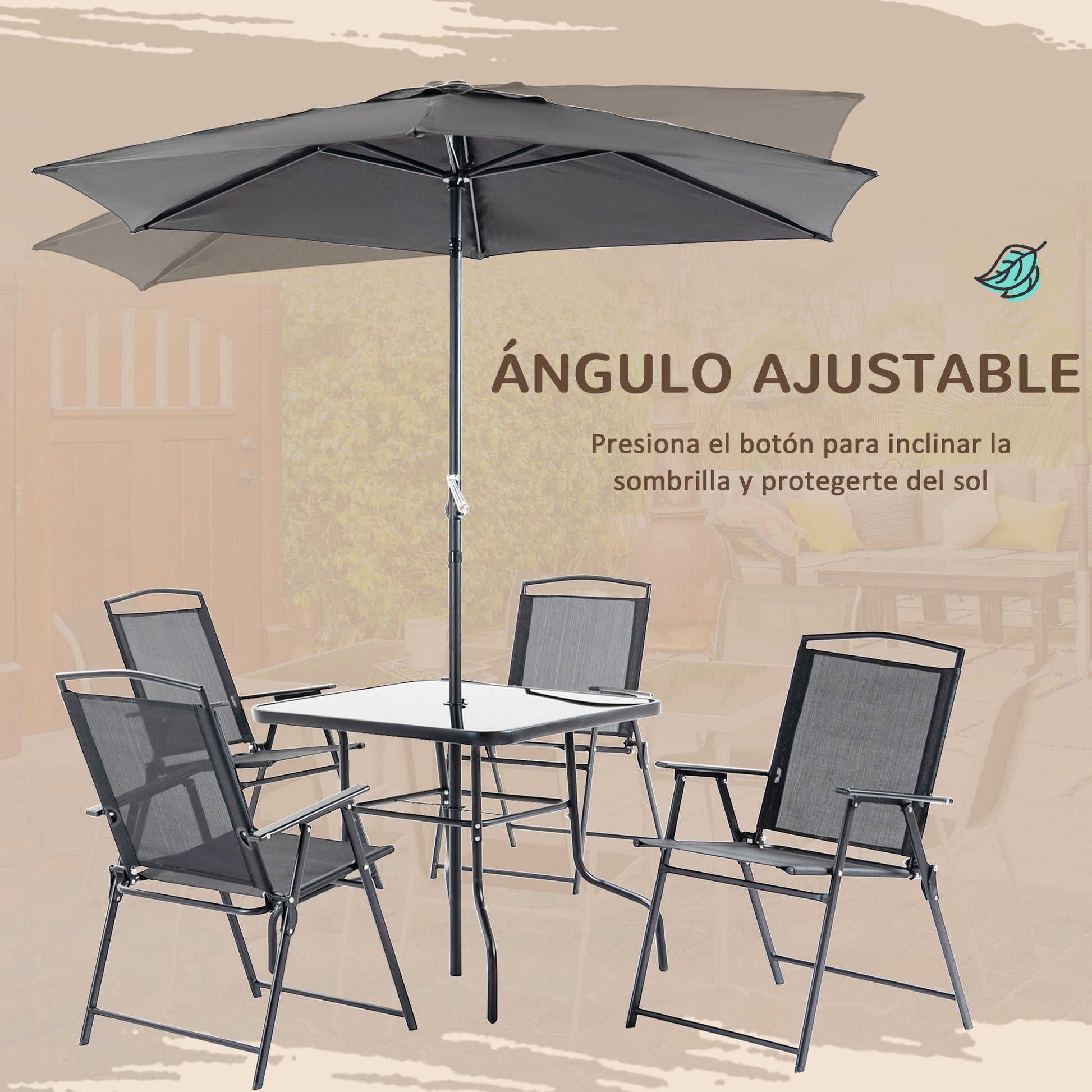 Outsunny Conjunto Muebles Jardín Con 4 Sillas Plegables Mesa Y Sombrilla Negro_5