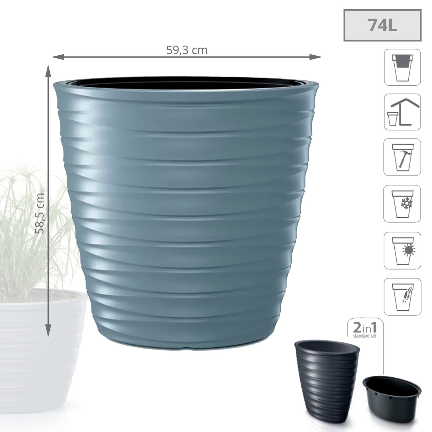 Maceta Freze - Oval 74l., Con Depósito, Dimensiones (mm) 593x393x585, Color Gris Claro_1