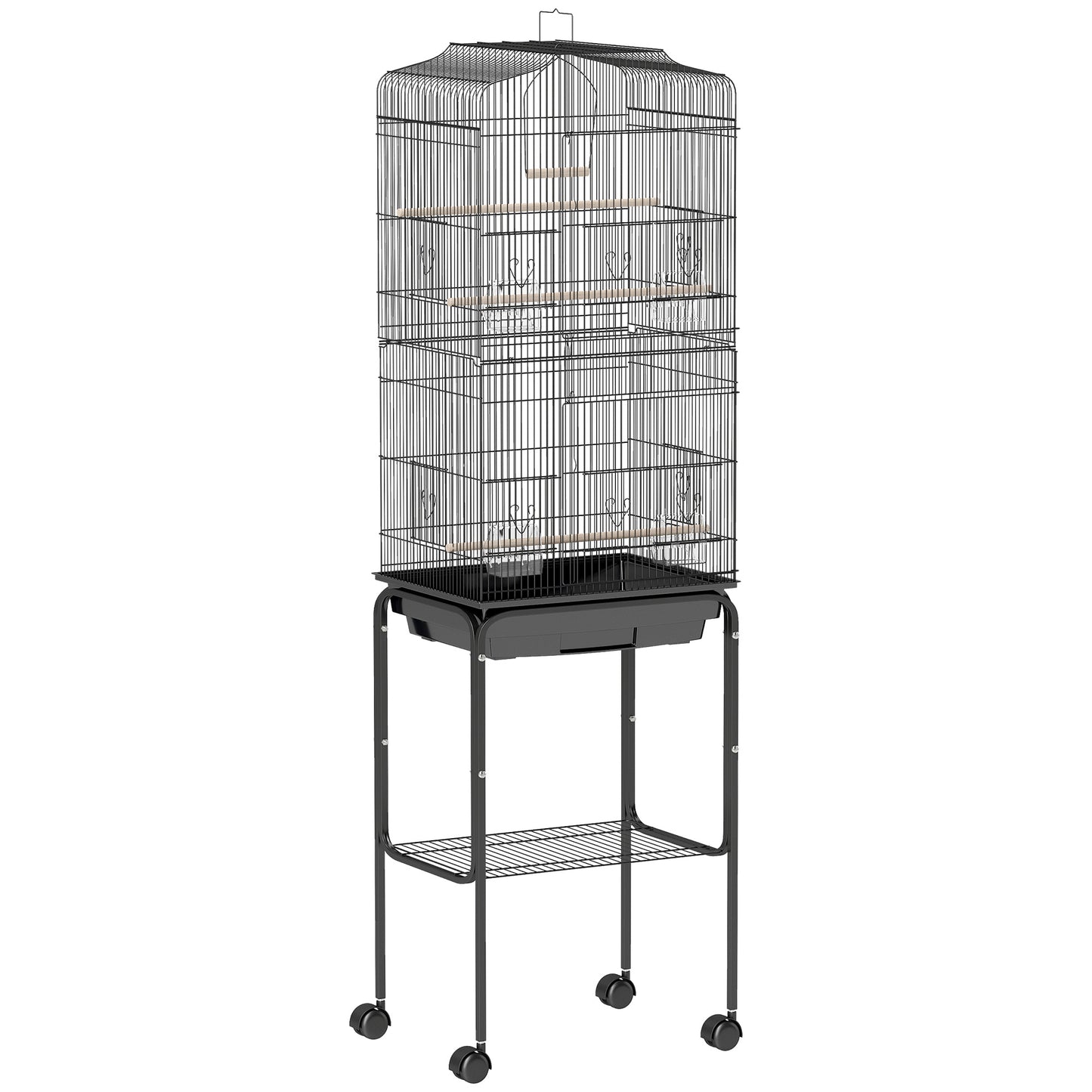 Pawhut Jaula Para Pájaros Con Soporte 4 Ruedas Y Comederos 46,5x36x157 Cm Negro_0