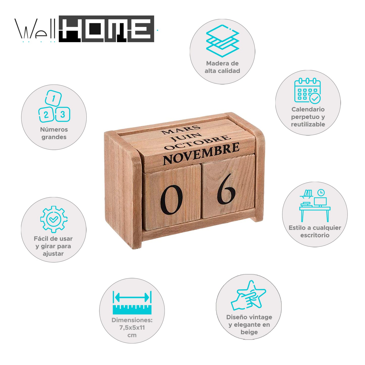 Well Home - Calendario De Madera Colonial 7,5x5x11cm