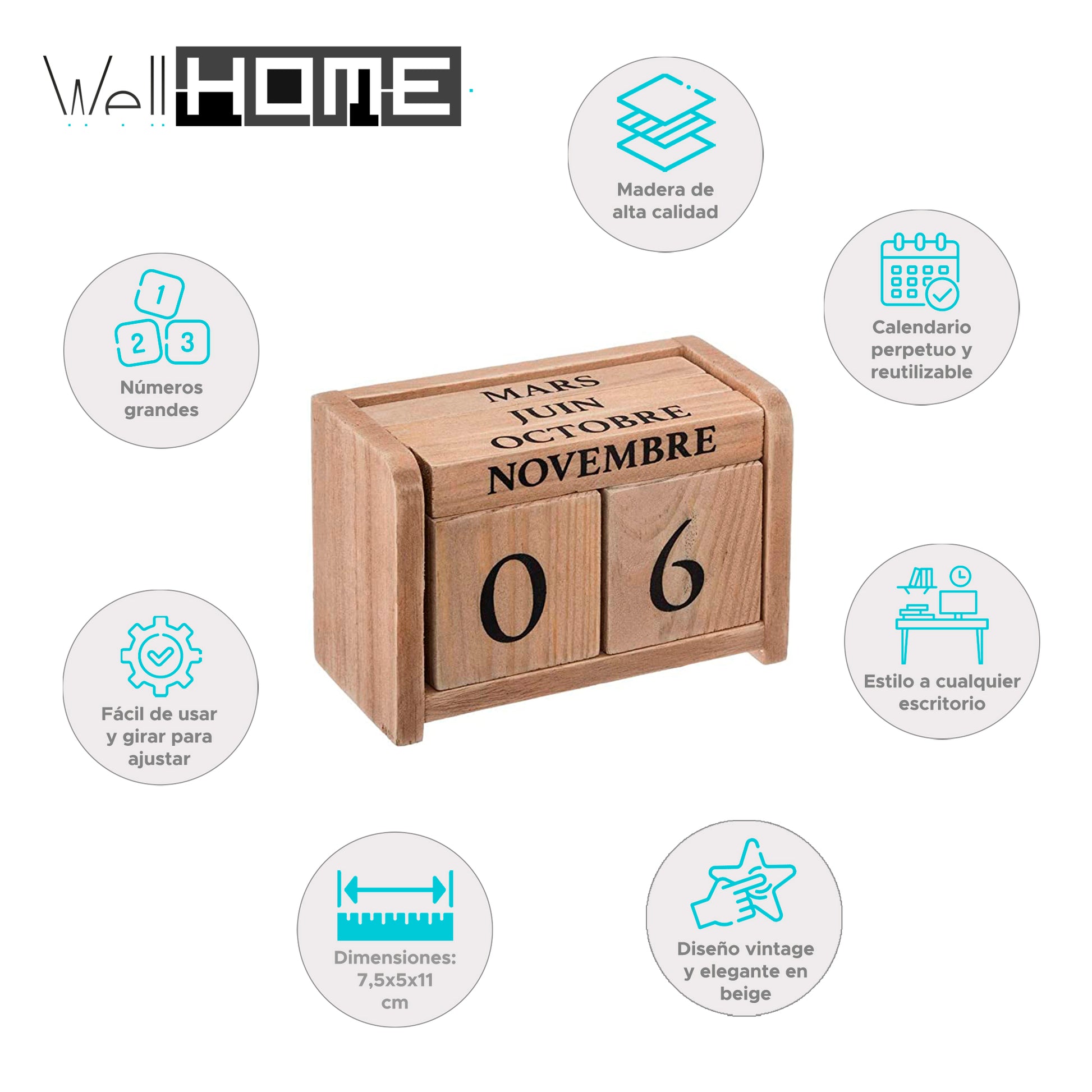 Well Home - Calendario De Madera Colonial 7,5x5x11cm