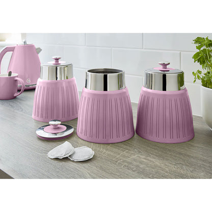 Set 3 Botes Cocina Almacenaje 1,2 L, Plástico Y Acero Inox, Especias, Té ,café, Retro, Vintage Swan Swka1024pn, Rosa
