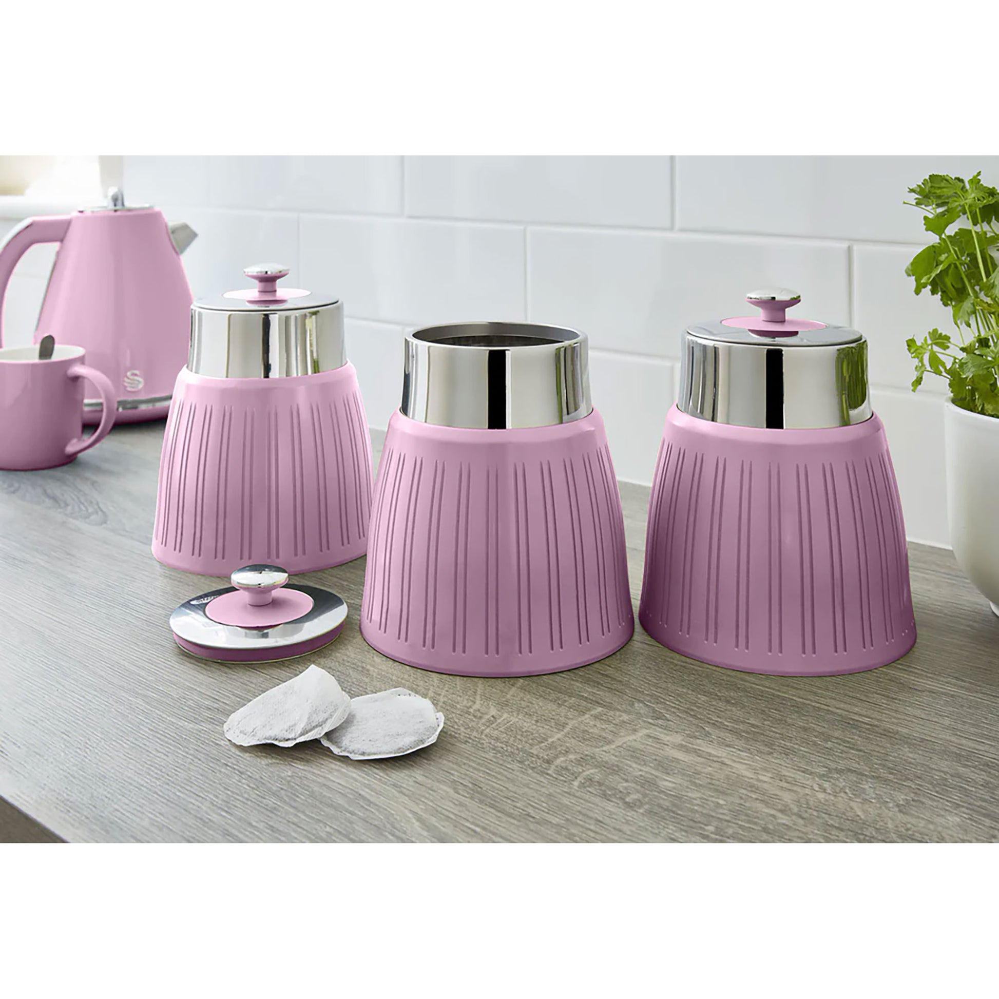 Set 3 Botes Cocina Almacenaje 1,2 L, Plástico Y Acero Inox, Especias, Té ,café, Retro, Vintage Swan Swka1024pn, Rosa_1