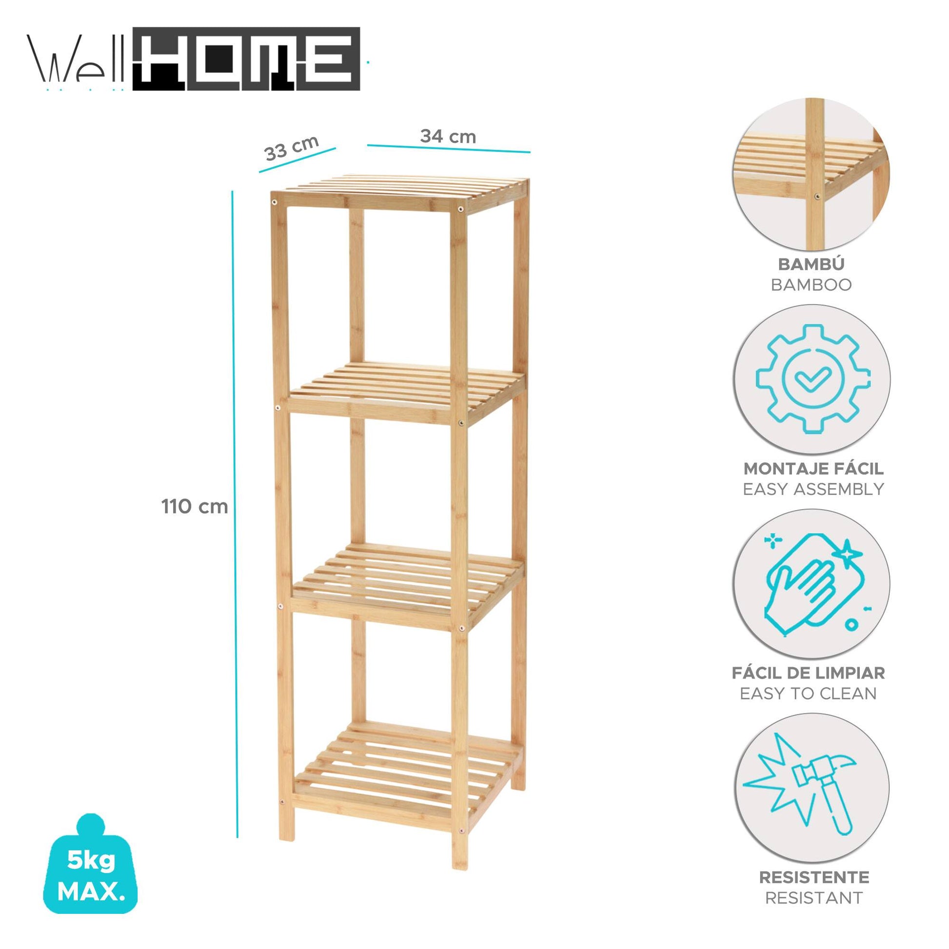 Well Home Estantería De Almacenamiento En Bambú Con 4 Nivles H.110cm