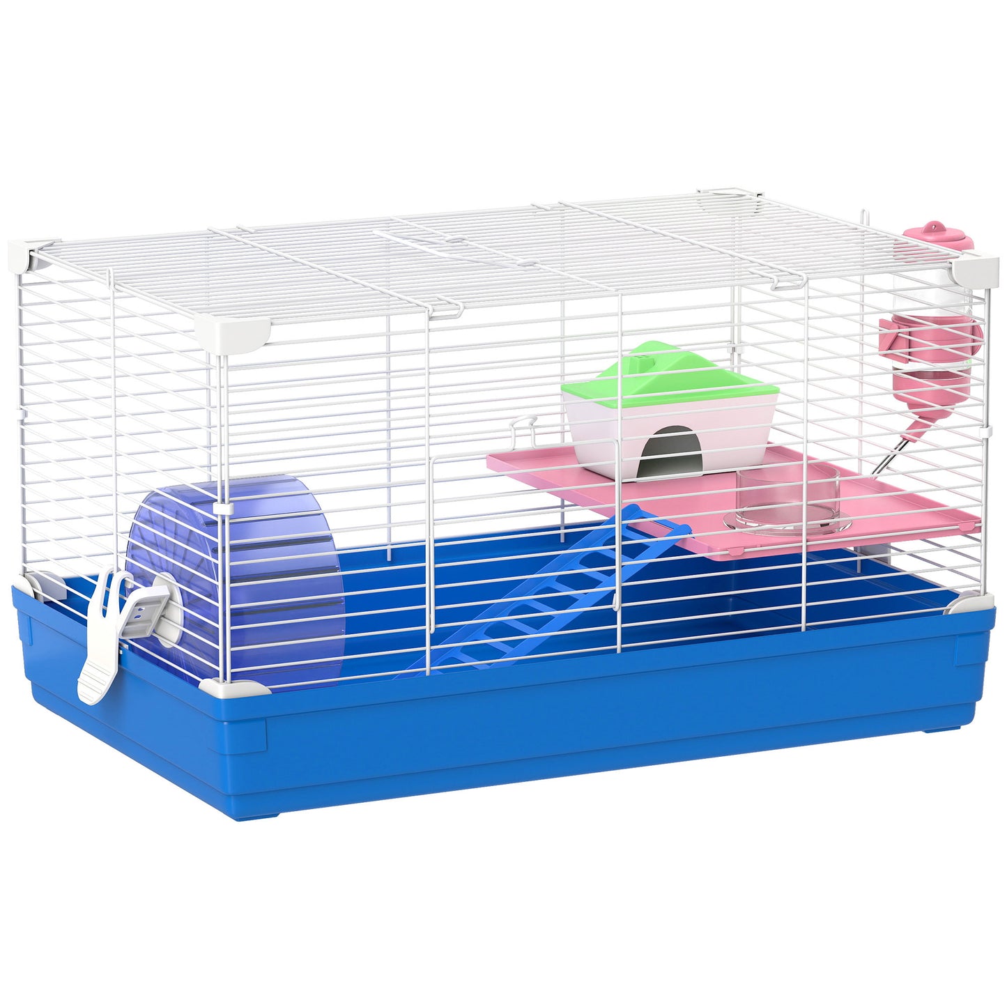 Pawhut Jaula Para Hámster Con Rueda De Ejercicio Cuenco Bebedero Casita Azul_0