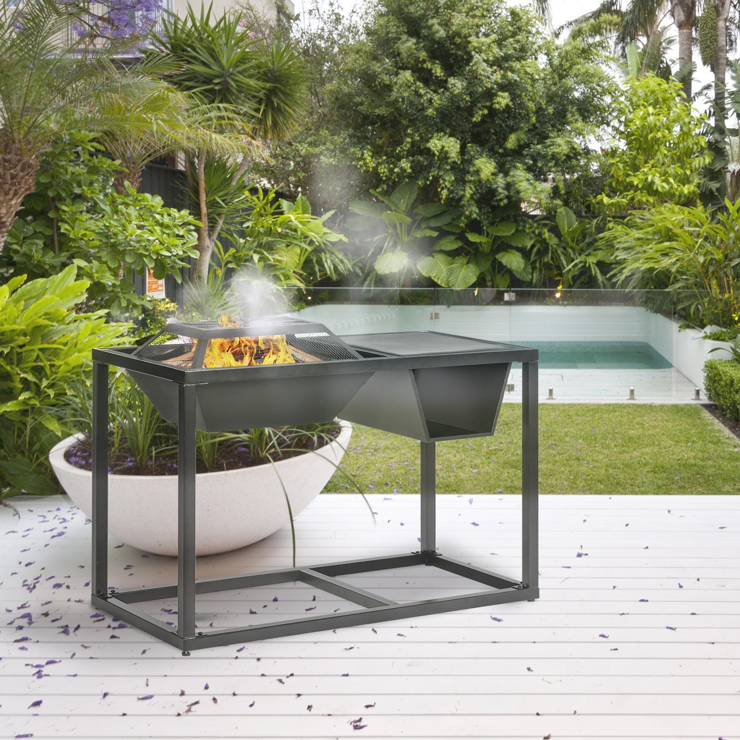 Outsunny 4 En 1 Brasero Exterior De Acero Galvanizado Con Rejilla 100x46,5x64 Cm_1