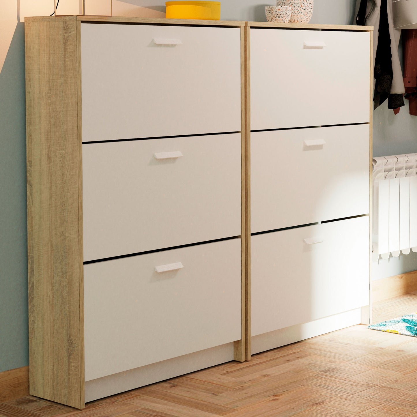 Zapatero Entrada Recibidor, Mueble Auxiliar Estrecho Zapatos, 3 Puertas, Madera 119,5x74x25 Cm, Briebe, Nova, Blanco