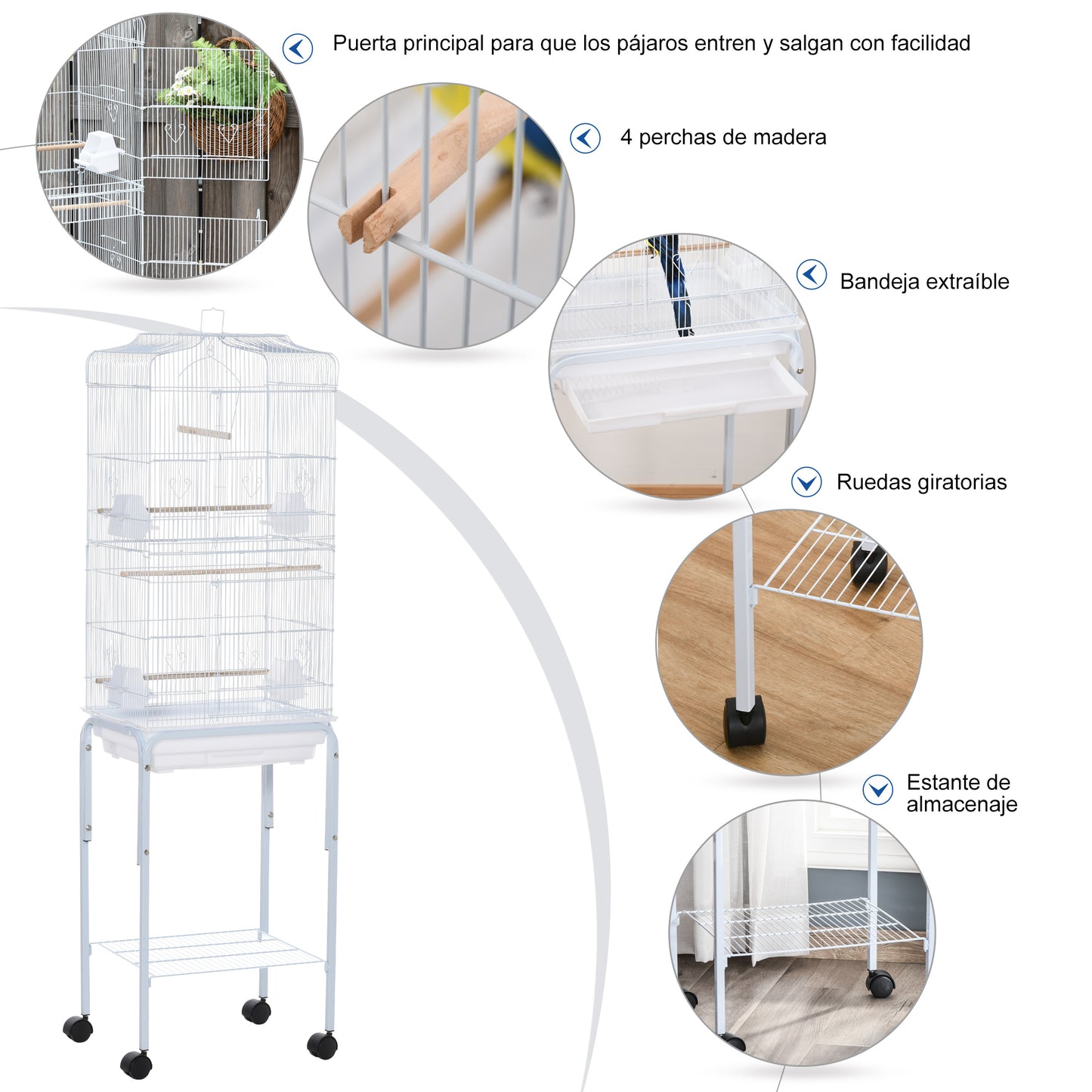 Pawhut Jaula Para Pájaros Con Soporte 4 Ruedas Y Comederos 46,5x36x157 Cm Blanco_5