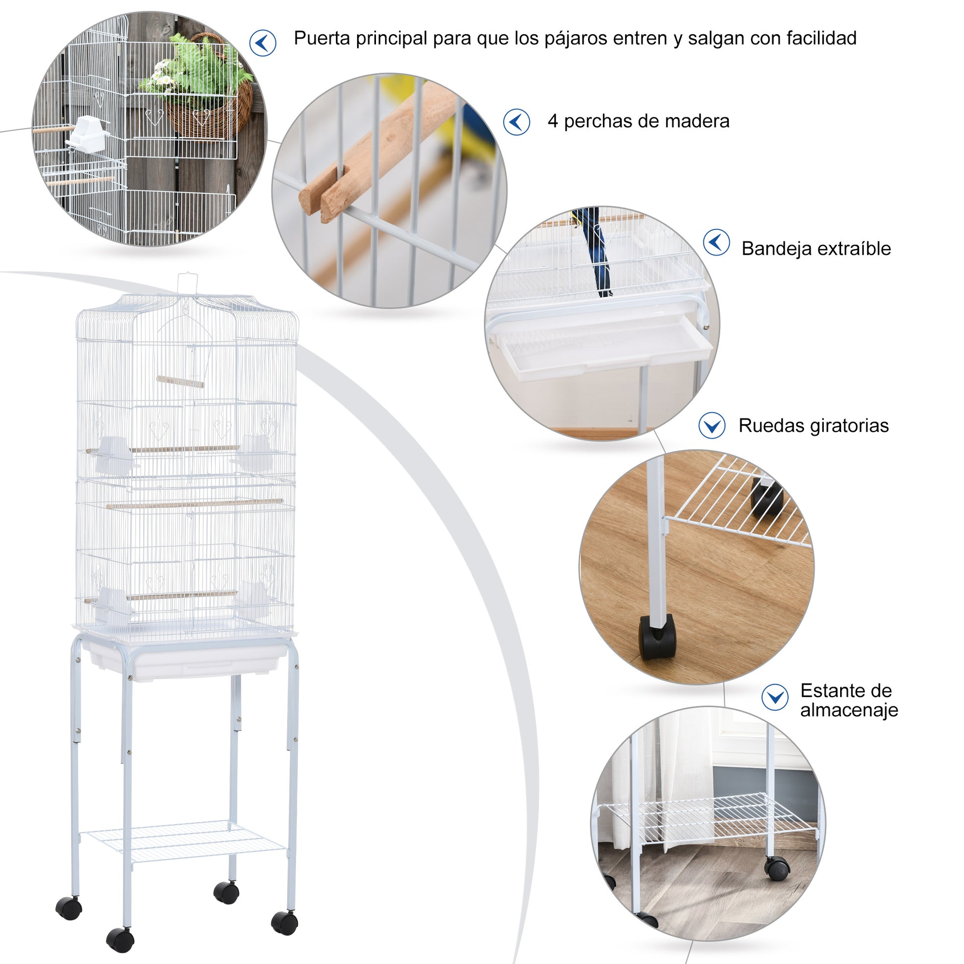 Pawhut Jaula Para Pájaros Con Soporte 4 Ruedas Y Comederos 46,5x36x157 Cm Blanco_5