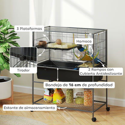 Pawhut Jaula Para Animales Pequeños De 3 Niveles 88x48x102 Cm Gris Oscuro_4