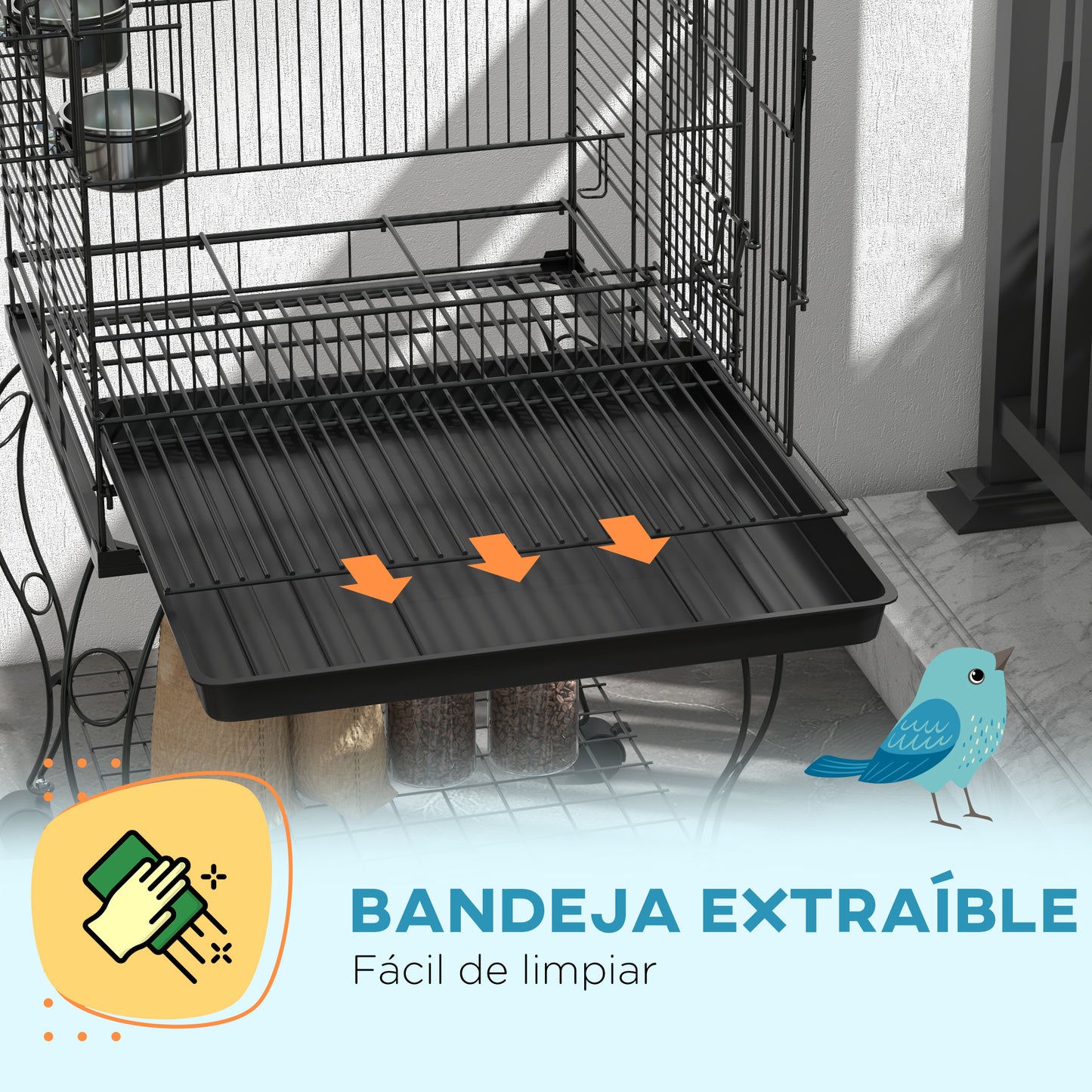 Pawhut Jaula De Pájaros Con Ruedas Bandeja Extraíble 51x51x153 Cm Negro_4
