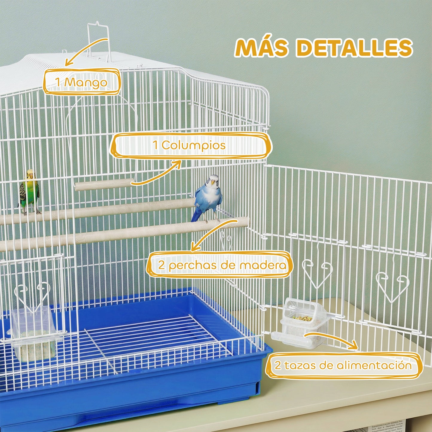 Pawhut Jaula Para Pájaros Con Puertas Comederos Y Bandeja 46,5x36x59 Cm Azul_5