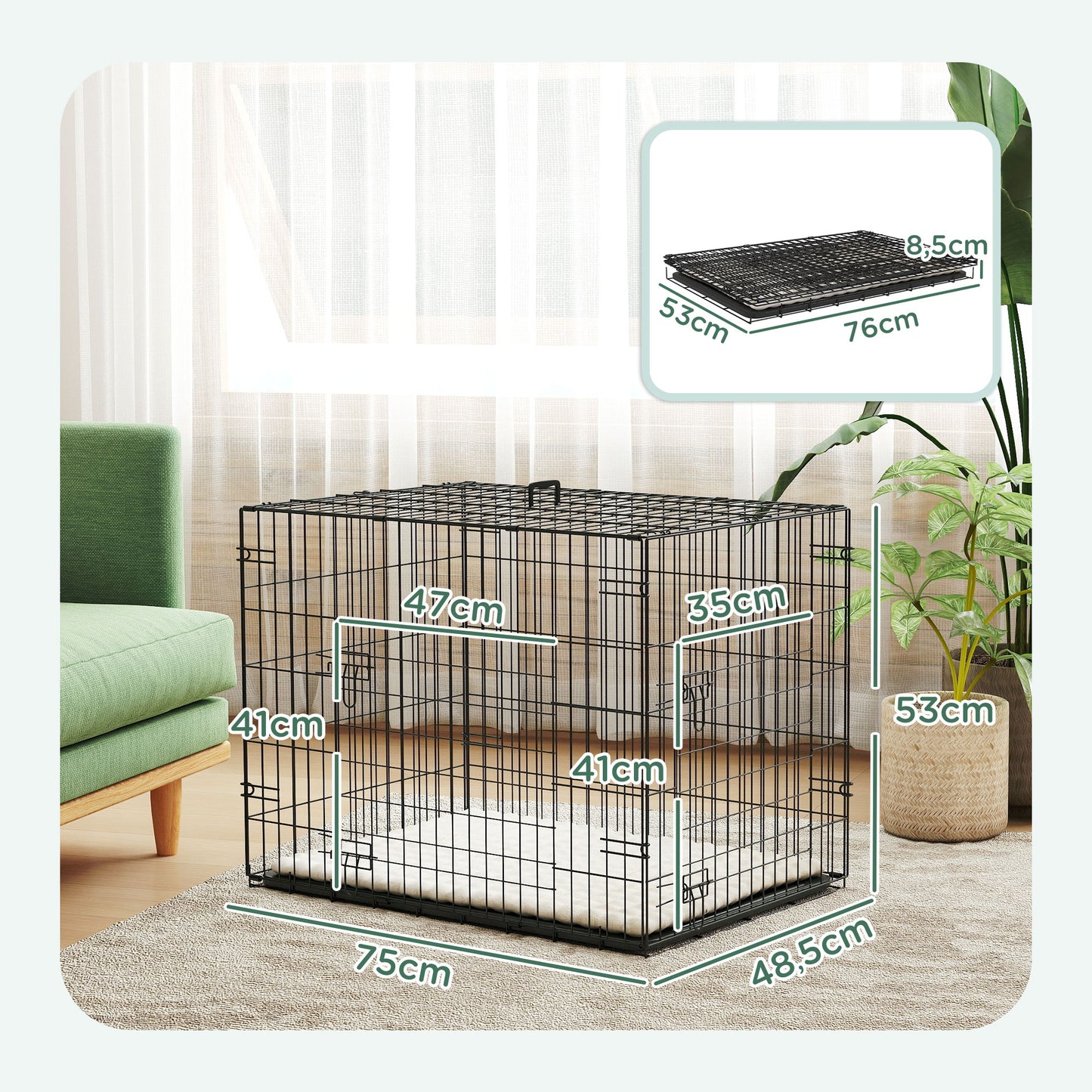 Pawhut Jaula Para Perros Con Cojín Bandeja Extraíble 75x48,5x53 Cm Negro Y Beige_2