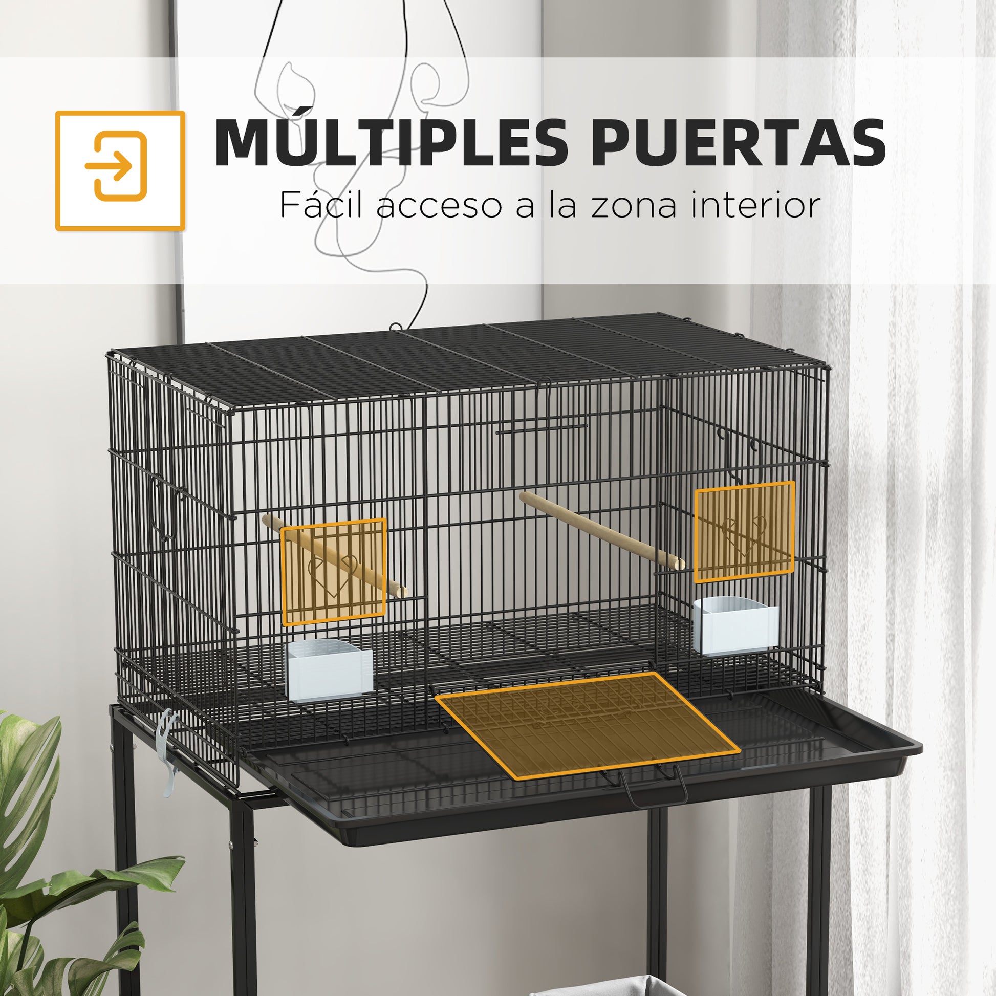 Pawhut Jaula Para Pájaros Con Ruedas 77x46x119 Cm Con Bandeja Extraíble Negro_4