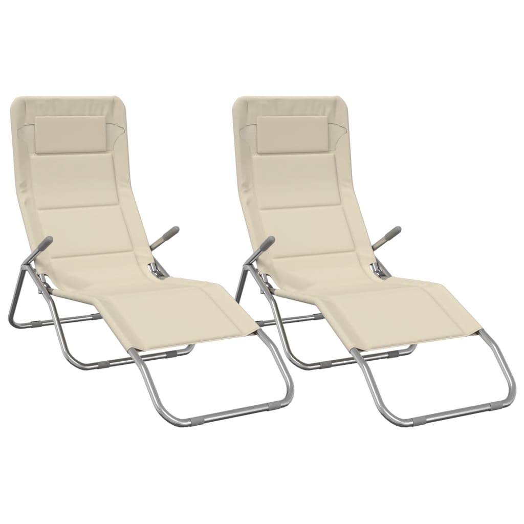 Tumbona Plegable 2 Uds Textilene Acero Con Recubrimiento Crema_1