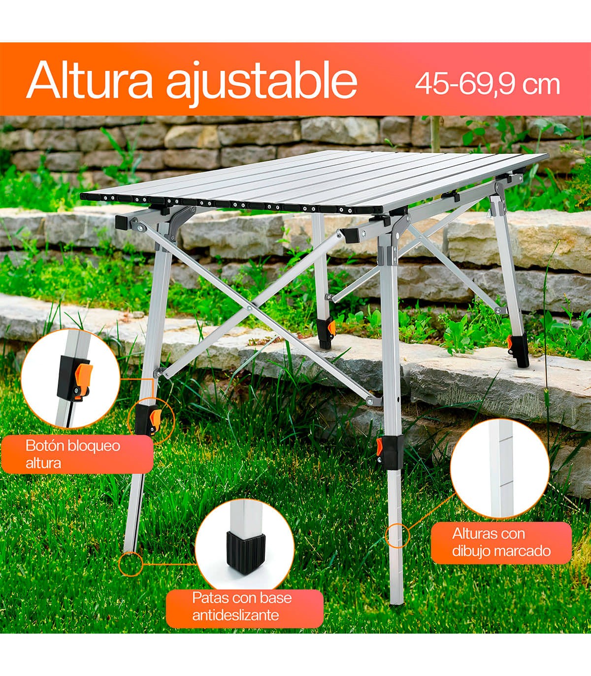 Mesa Plegable De Aluminio Camping 89,9x53 Cm Altura Regulable_3